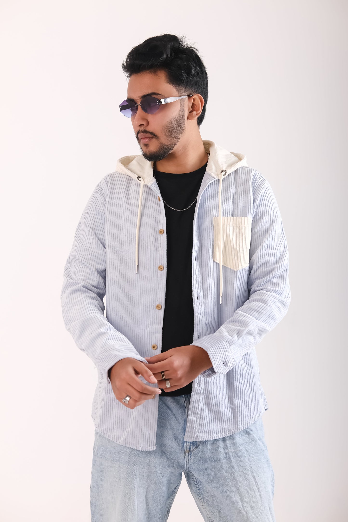 Men's Jackets Corduroy Hooded Shirt - Light Sky