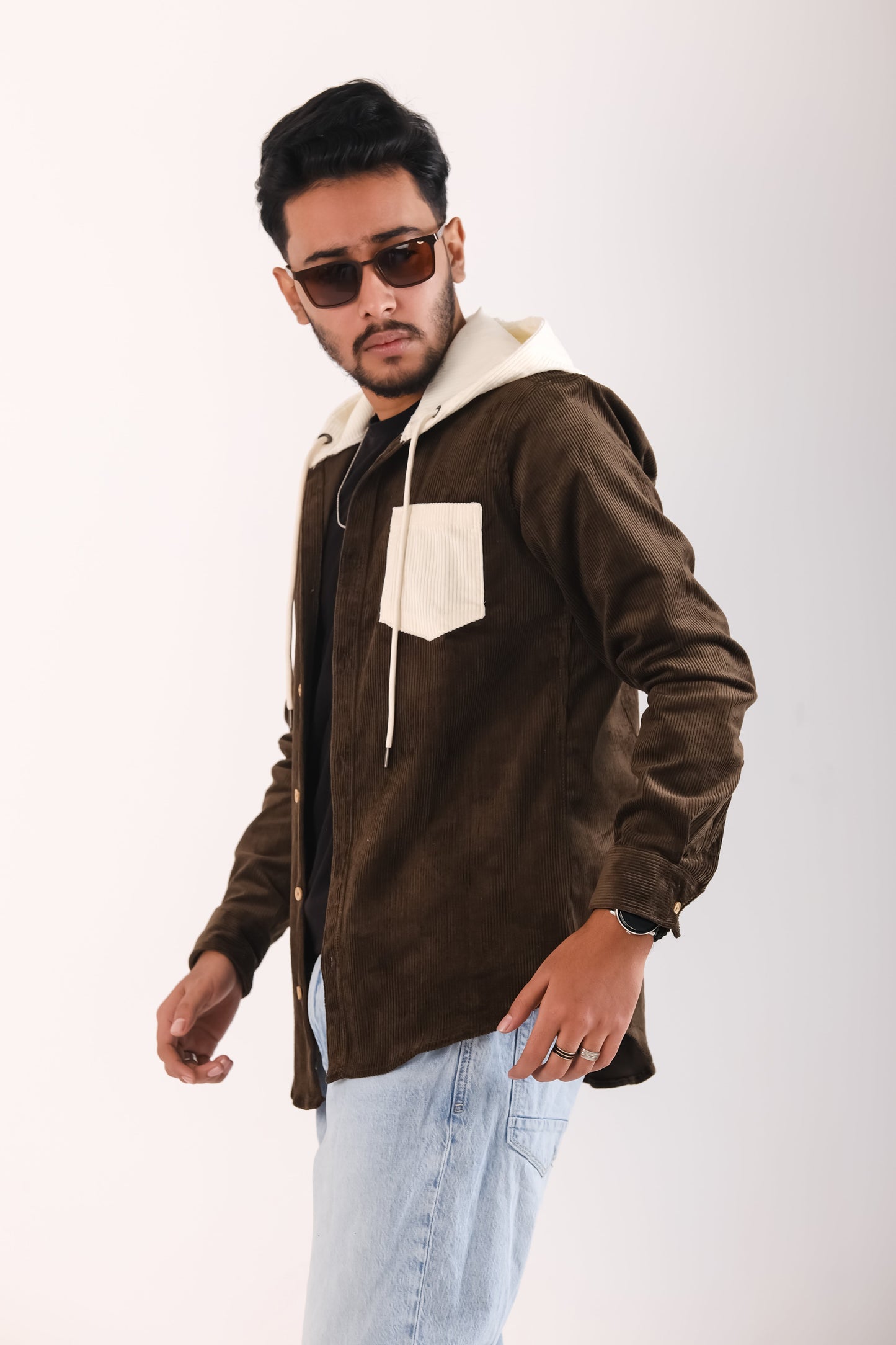 Men's Jackets Corduroy Hooded Shirt - Dark Chocolate
