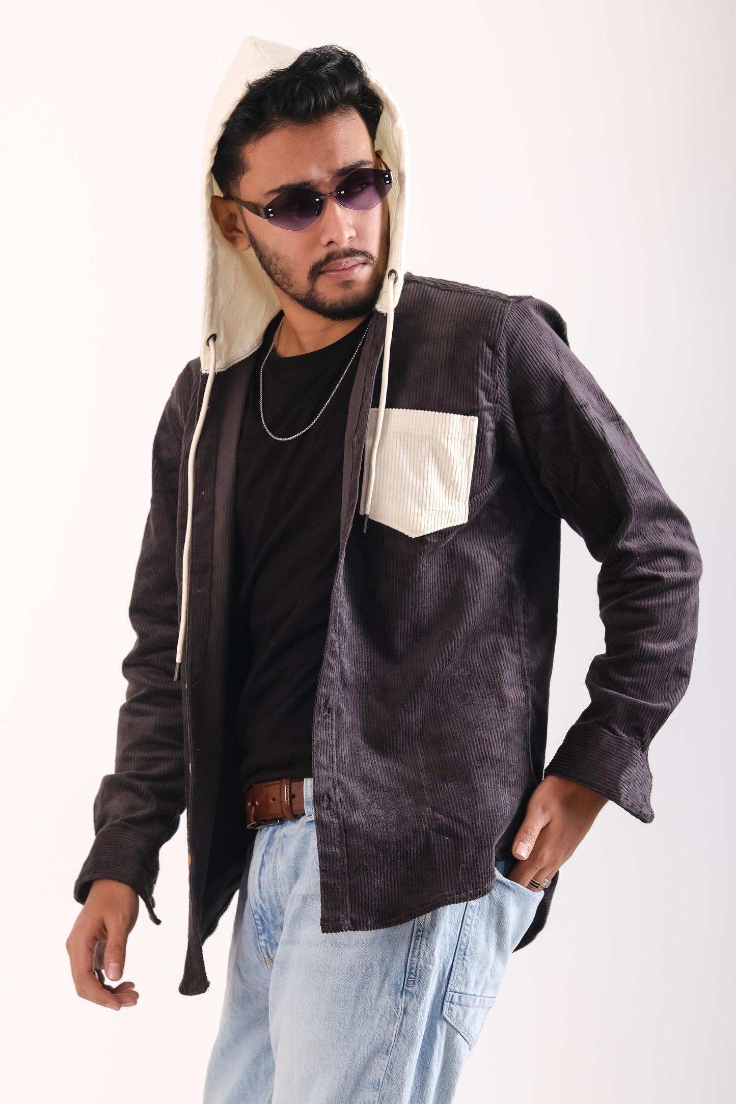 Men's Jackets Corduroy Hooded Shirt - Black