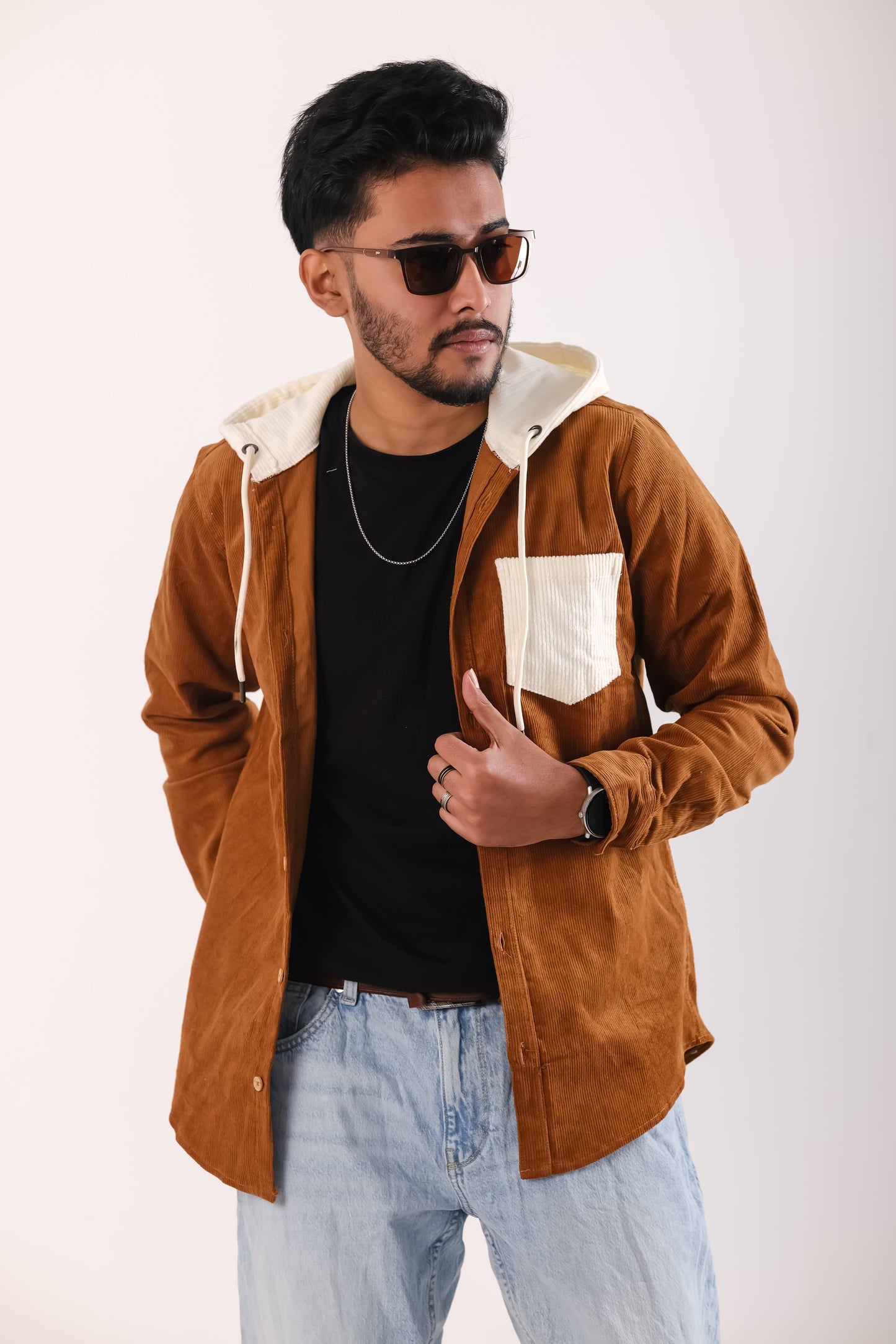 Men's Jackets Corduroy Hooded Shirt - Dark Brown