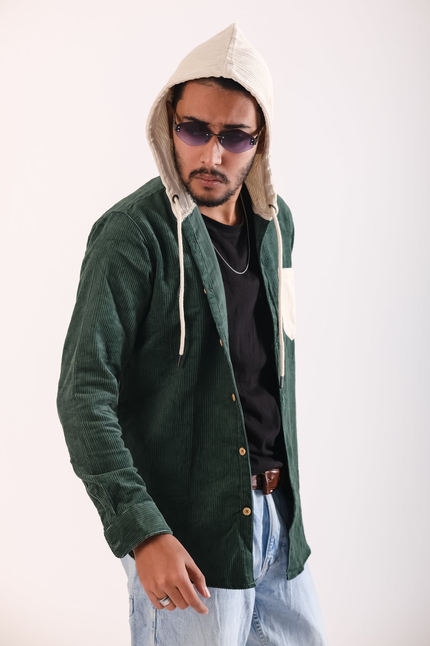 Men's Jackets Corduroy Hooded Shirt - Bottle Green