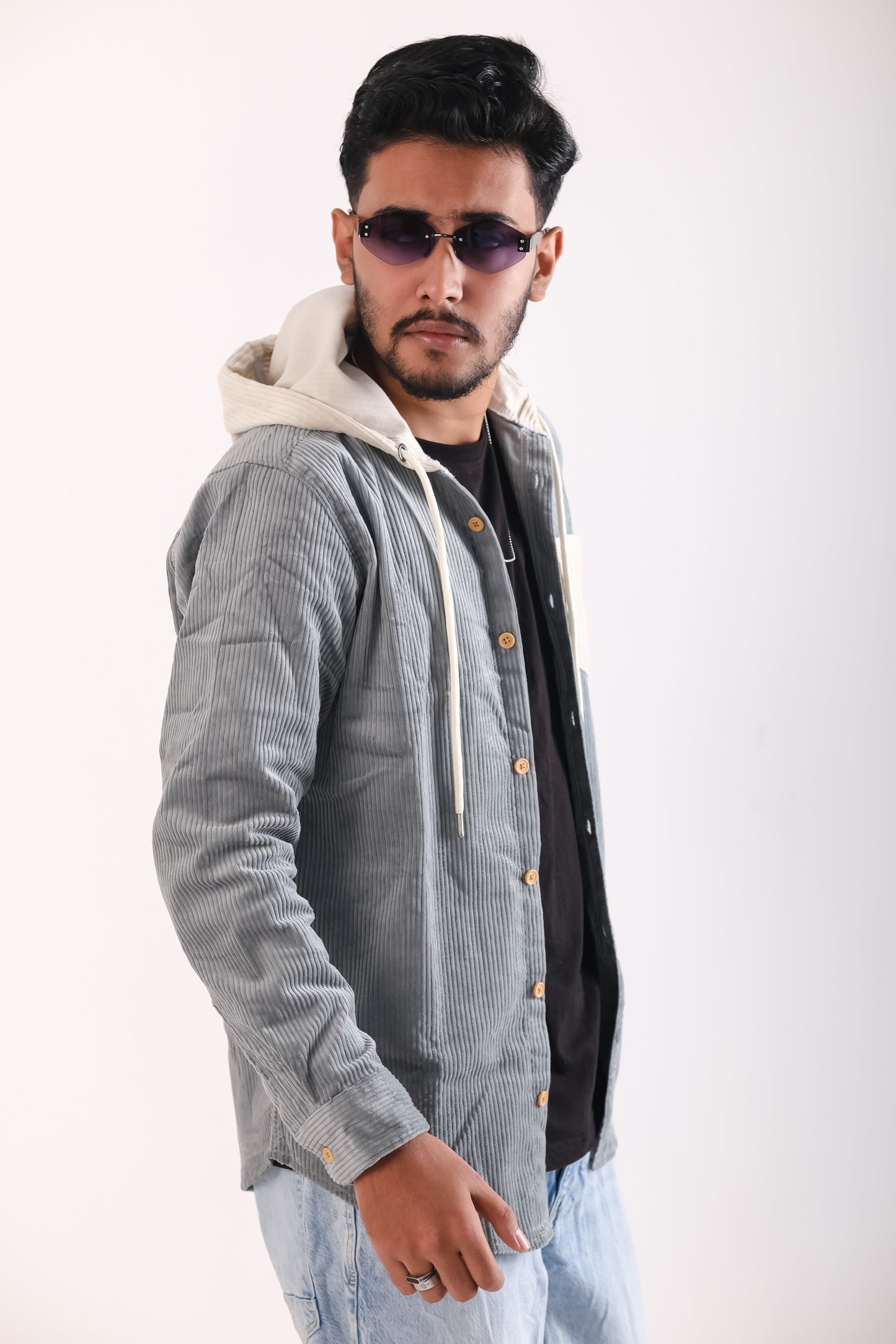 Men's Jackets Corduroy Hooded Shirt - Sea Green