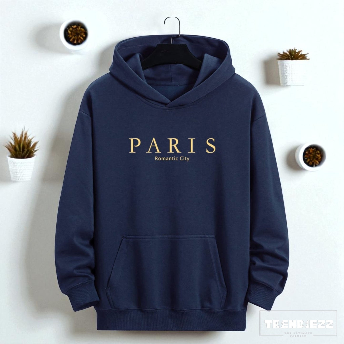 Men's Basic PARIS Pattern Hoodie - Navy Blue