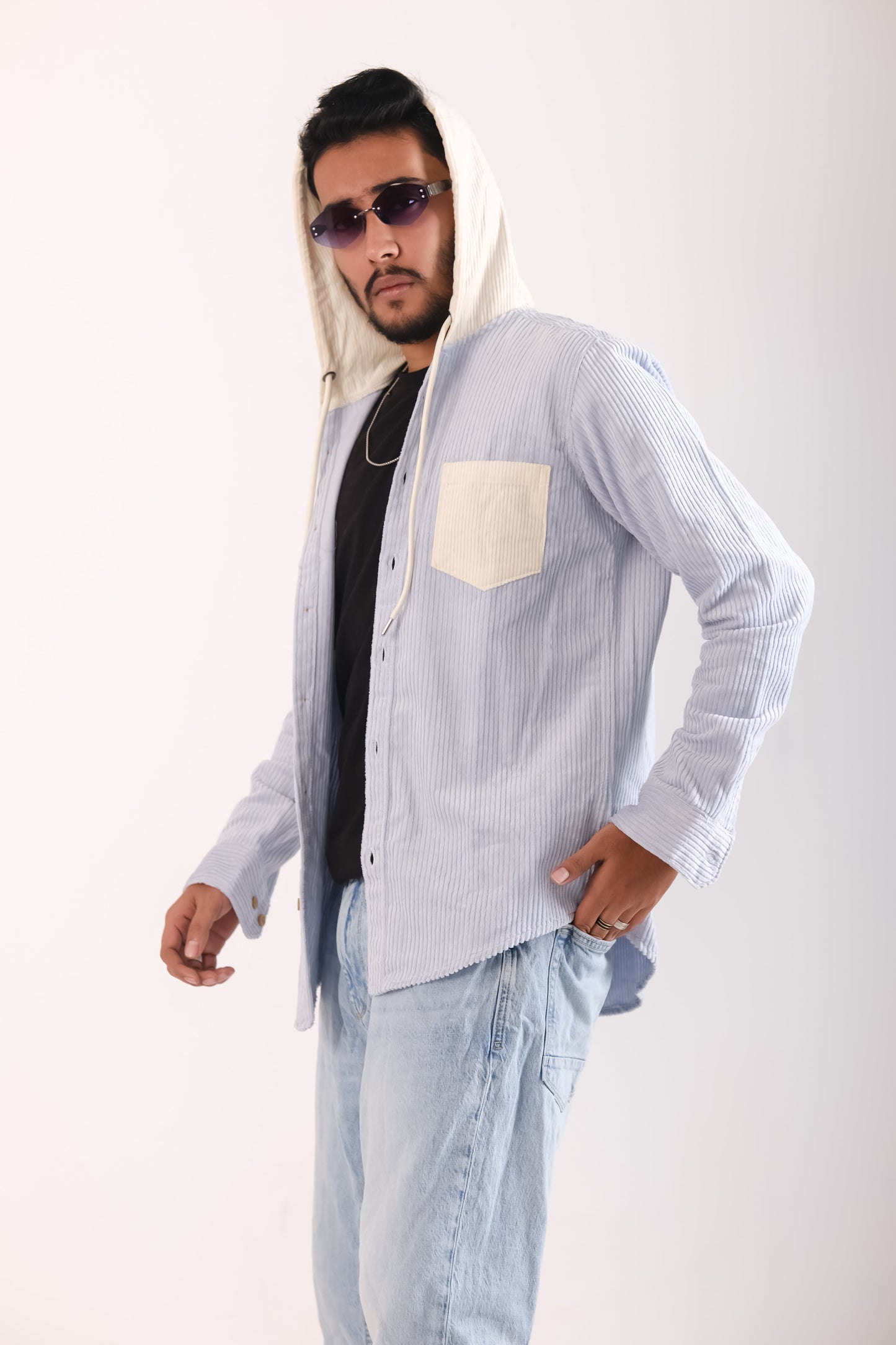 Men's Jackets Corduroy Hooded Shirt - Light Sky