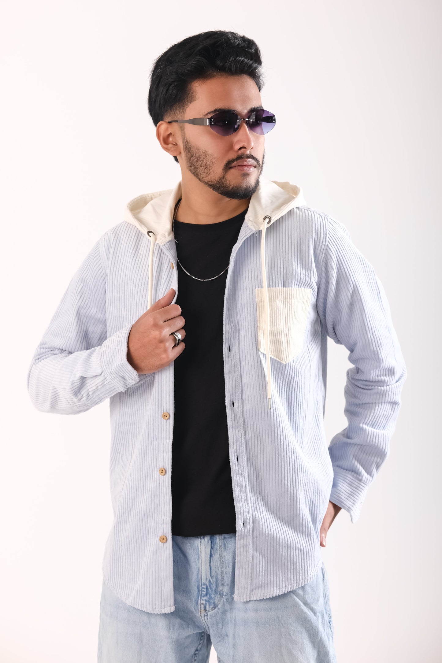 Men's Jackets Corduroy Hooded Shirt - Light Sky