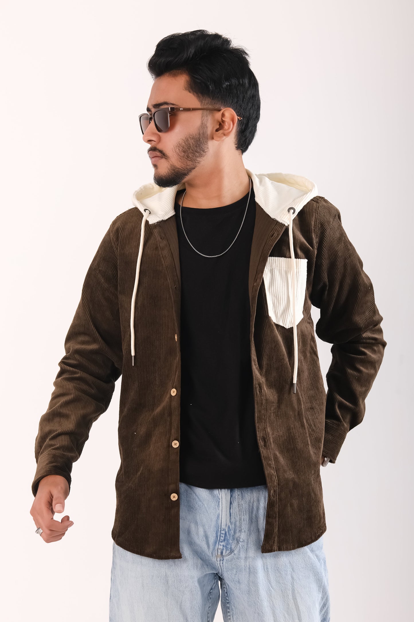 Men's Jackets Corduroy Hooded Shirt - Dark Chocolate