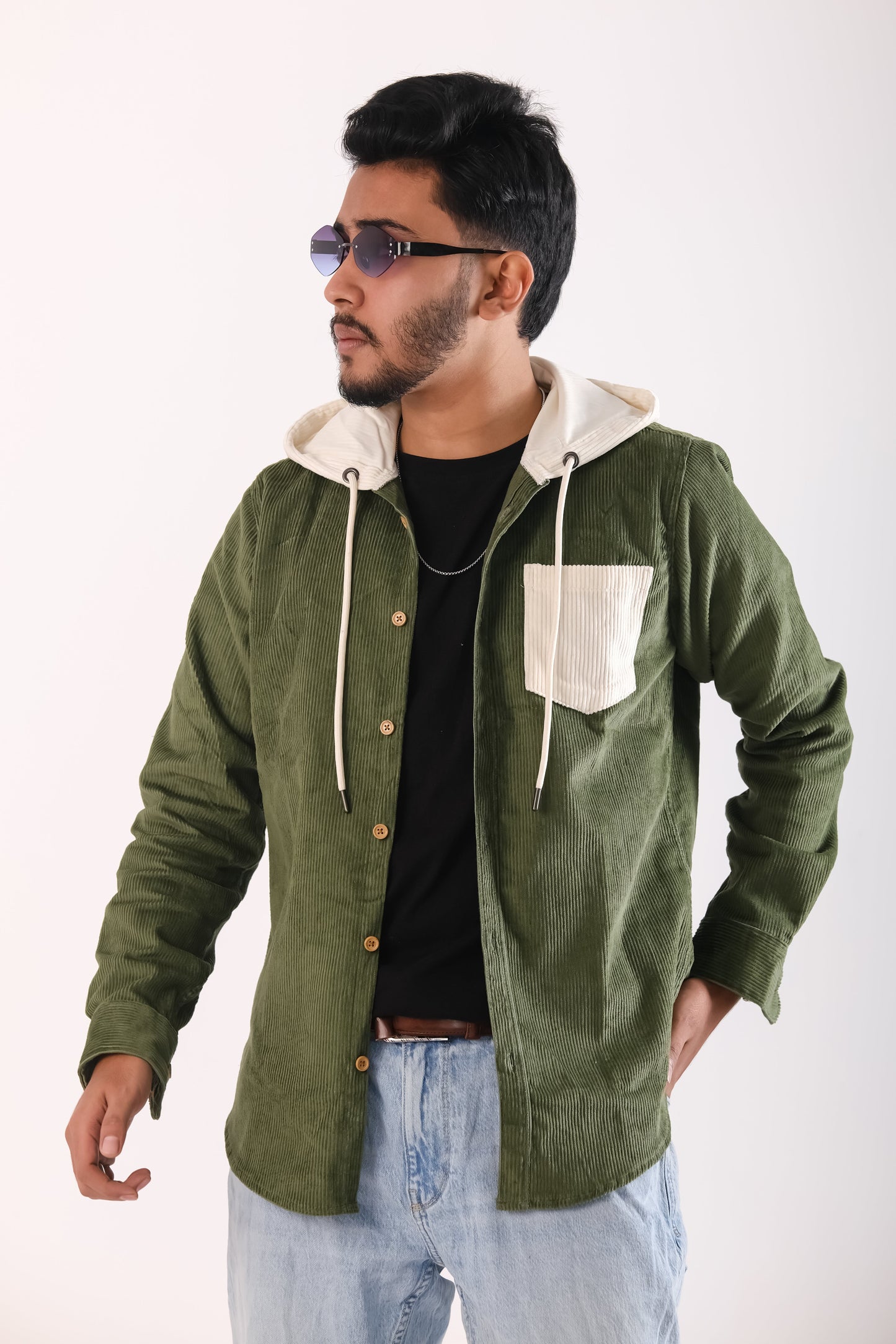 Men's Jackets Corduroy Hooded Shirt - Olive