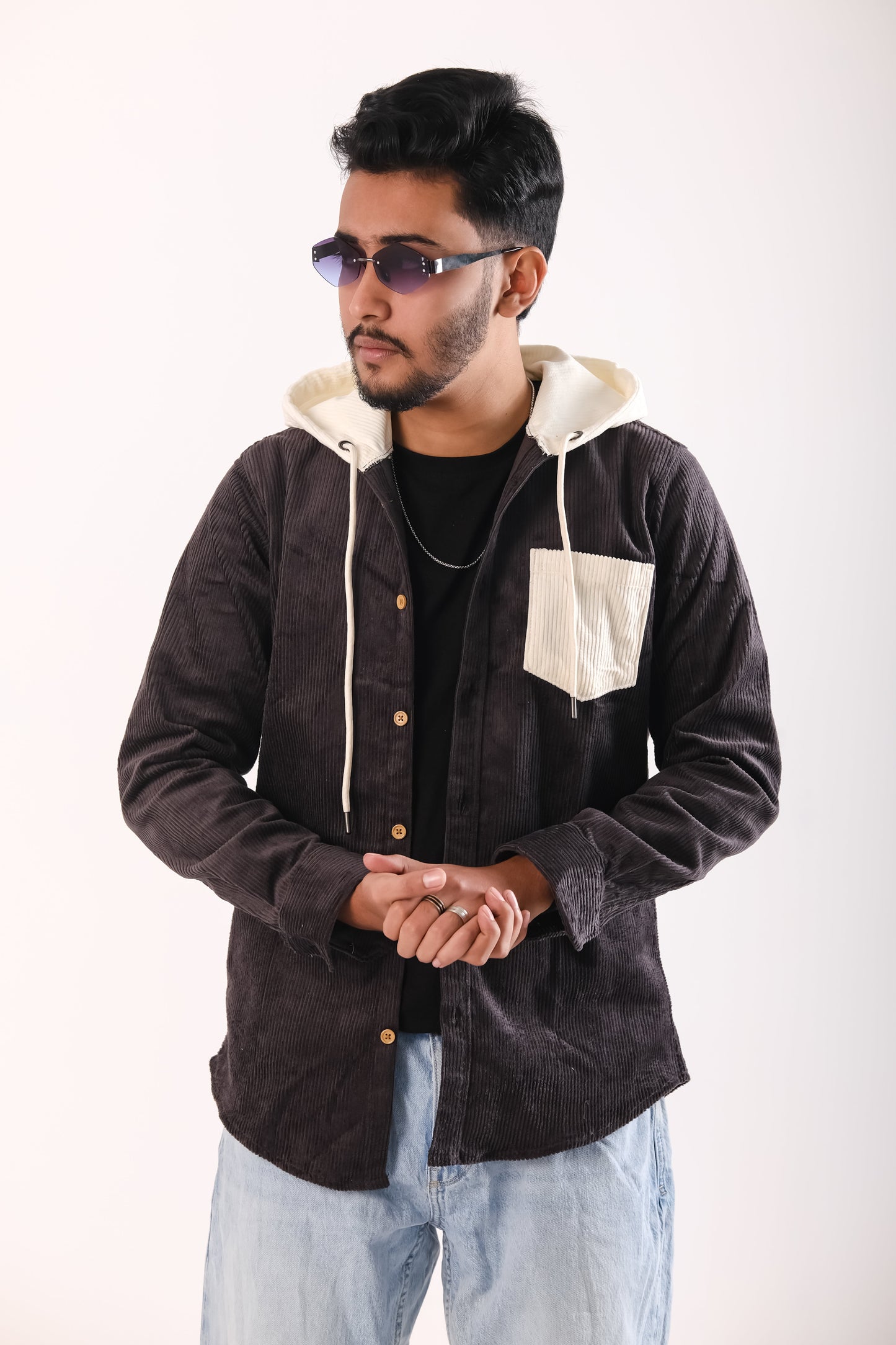 Men's Jackets Corduroy Hooded Shirt - Black