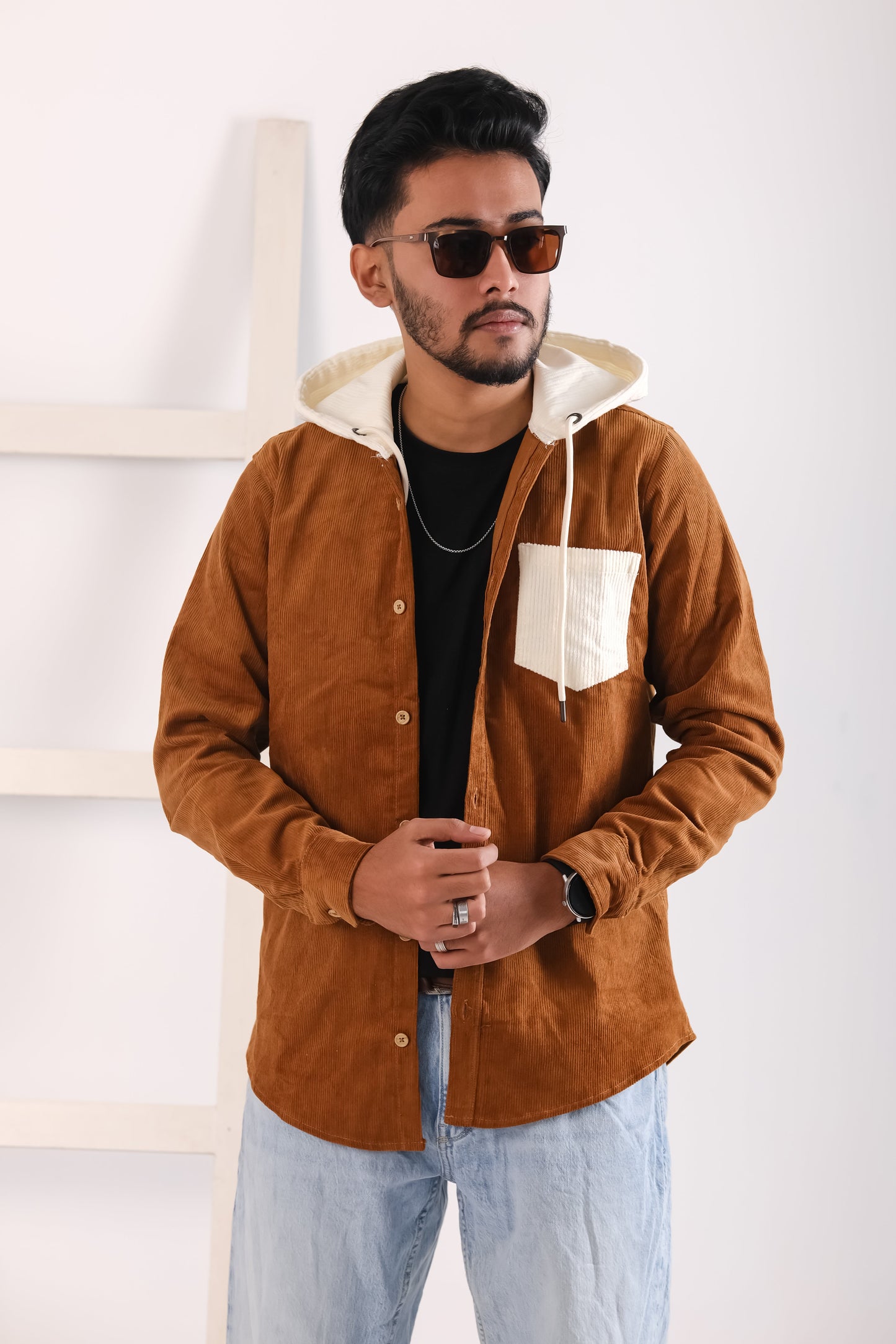 Men's Jackets Corduroy Hooded Shirt - Dark Brown