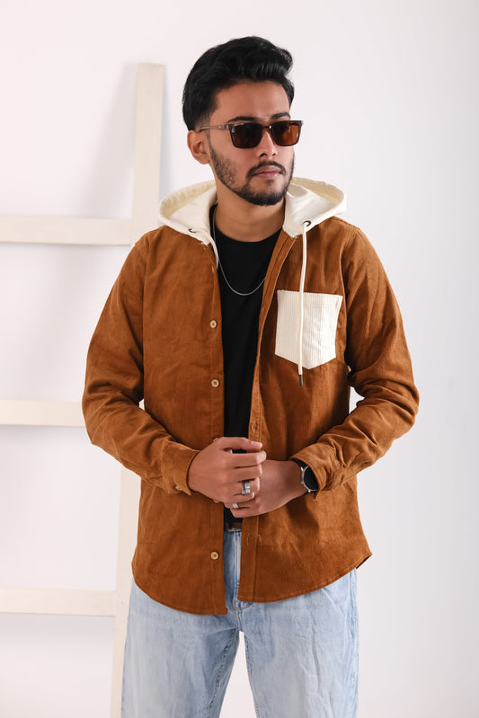 Men's Jackets Corduroy Hooded Shirt - Dark Brown