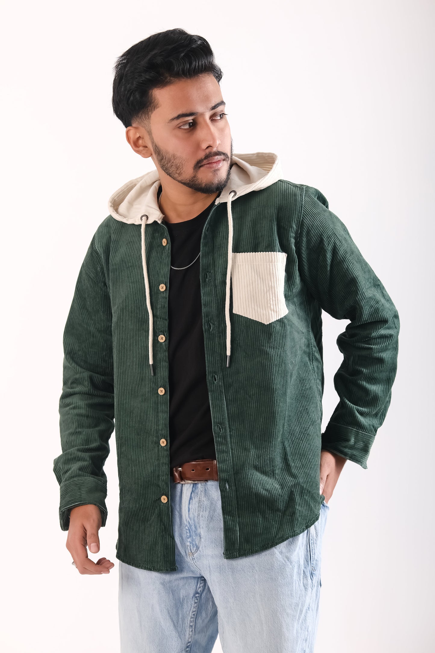 Men's Jackets Corduroy Hooded Shirt - Bottle Green