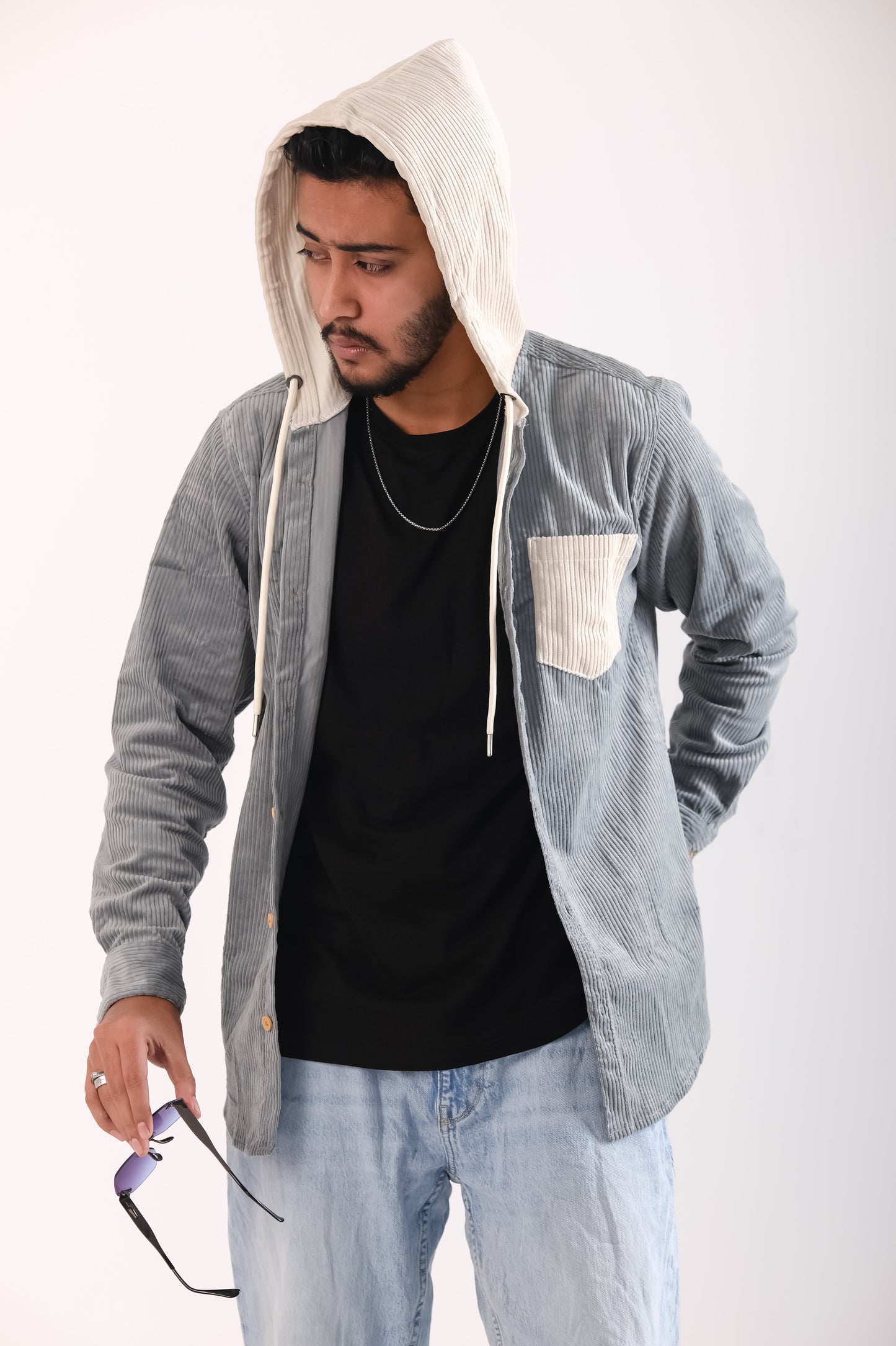 Men's Jackets Corduroy Hooded Shirt - Sea Green