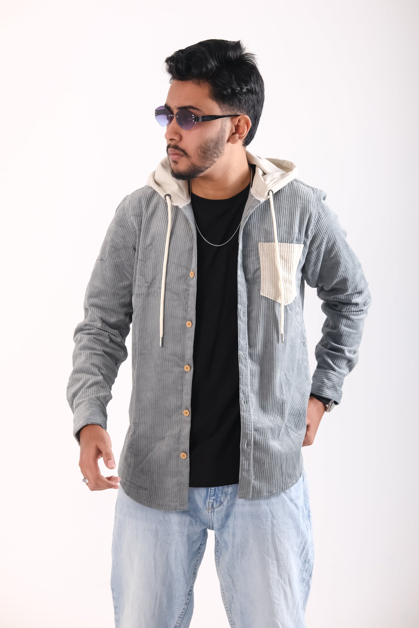 Men's Jackets Corduroy Hooded Shirt - Sea Green