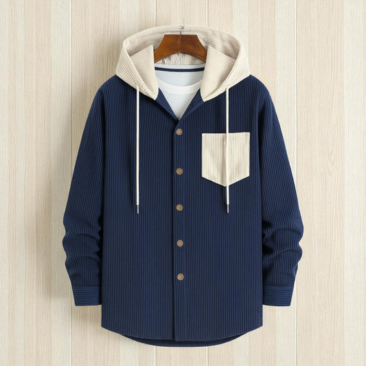 Men's Jackets Corduroy Hooded Shirt - Navy Blue