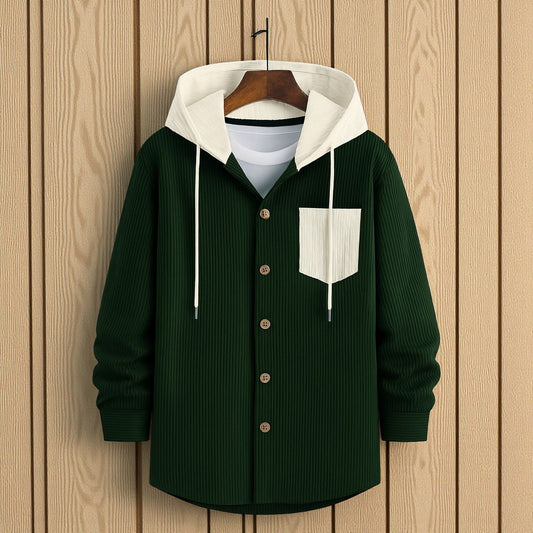 Men's Jackets Corduroy Hooded Shirt - Bottle Green